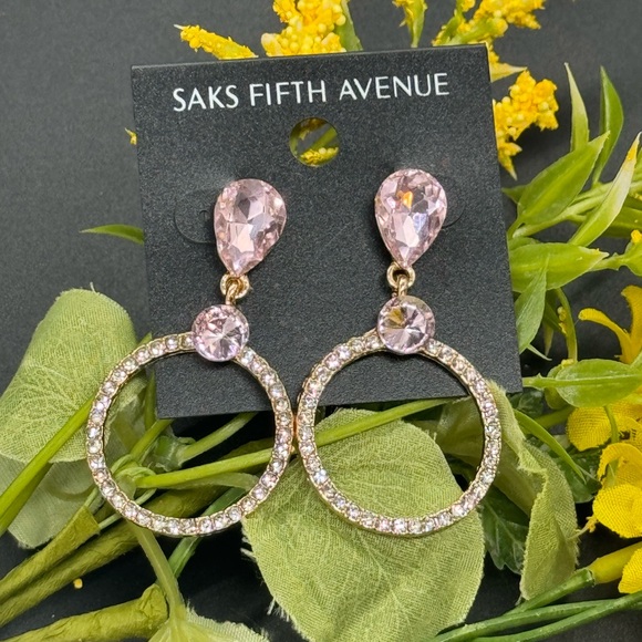 Saks Fifth Ave Pink Teardrop Crystal Post With Drop Hoop Pave Earrings - Picture 7 of 8